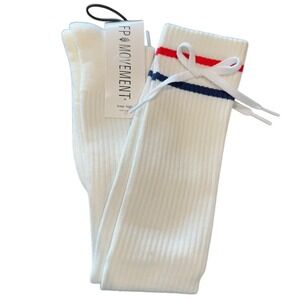 NWT Free People Foul Shot Knee-High Socks White Varsity Stripe with Bow OS